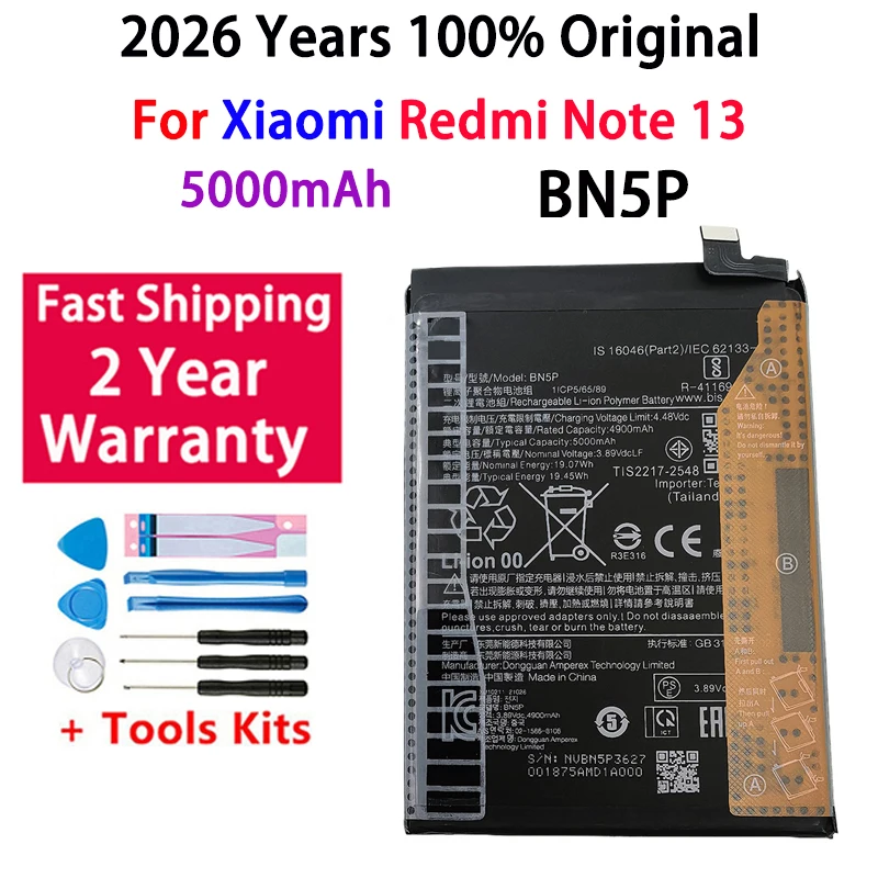 2026년 5000mAh BN5P 오리지널 배터리 샤오미 레드미 노트 13용 고품질 휴대폰 배터리 빠른 배송