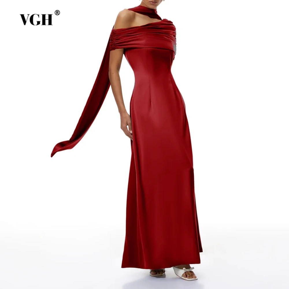 

VGH Frensh Style Fresh Chic Party Dresses For Women Diagonal Collar Sleeveless High Waist Elegant Long Dress Female Fashion New