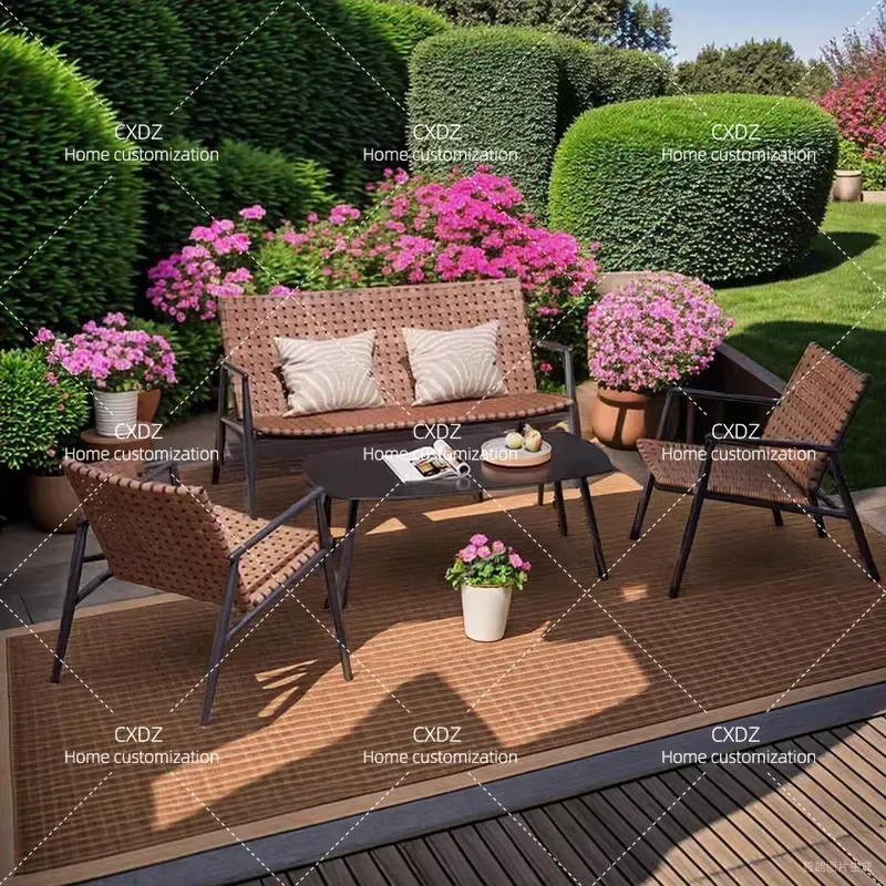 Nordic Outdoor Rattan Furniture Set 3 Piece Patio Balcony Leisure Coffee Table and Chairs Combination for Courtyard Home Use