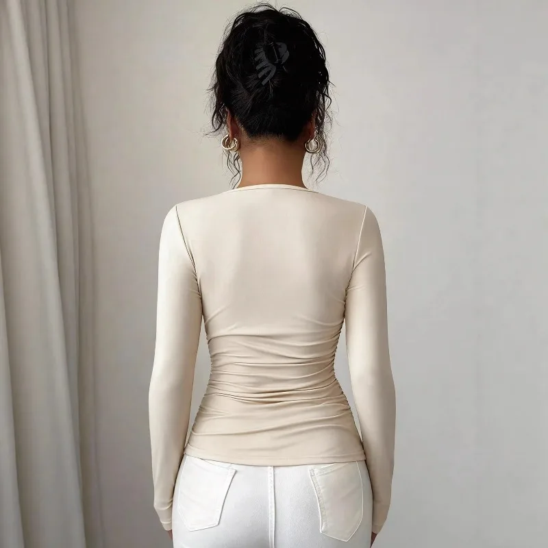 In-stock New Cross-border Women's Fashion Hot Girl Pleated Asymmetrical Neckline Inner Wear Outer Wear T-shirt Simple Ventilate