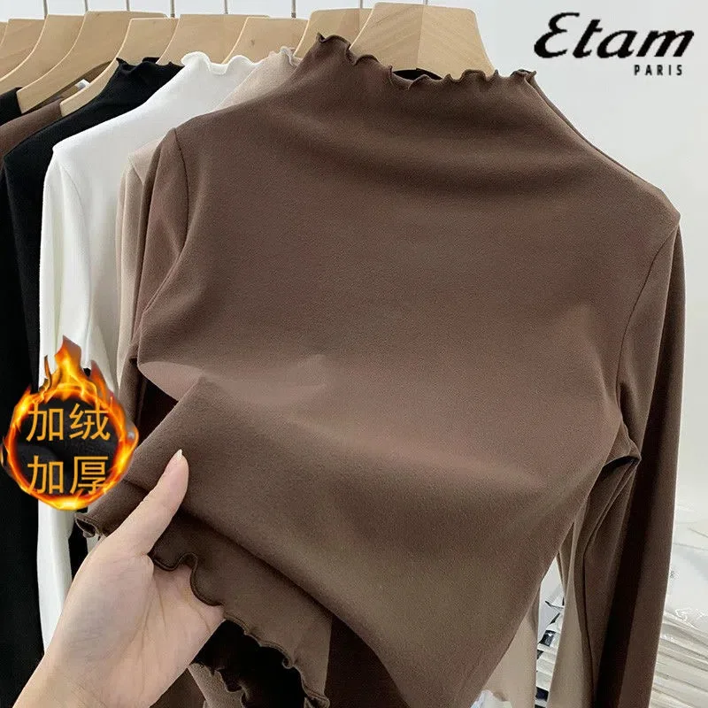 

Winter T-Shirt for Women Warm Long Sleeve High Neck Korean Fashion Velvet Brushed Wood Ear Edge Base Tee Shirt Top Woman Cloth