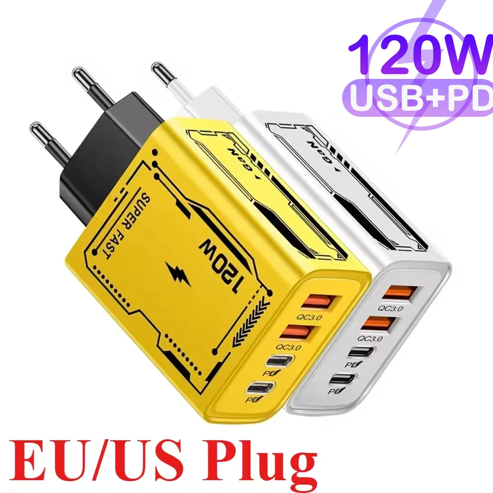 120W 4 Ports USB C Wall Charger QC3.0 PD Power Adapter Mobile Phone Charger for iPhone 15 14 13 12 11 Huawei Samsung Xiaomi