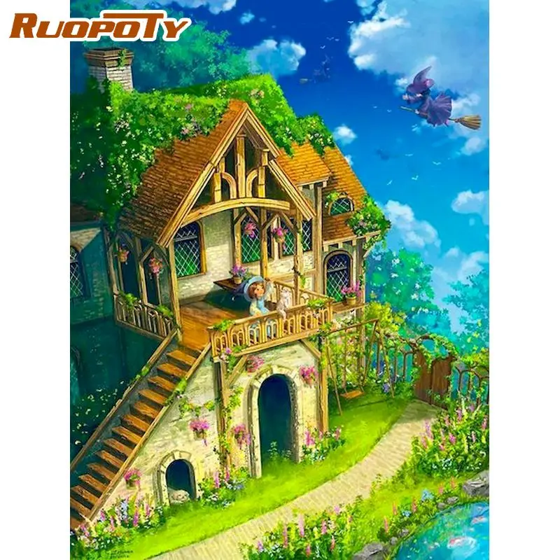 RUOPOTY 40x50cm Frame Diy Painting By Numbers Witch House Scenery Acrylic Paint Drawing On Canvas Art Paints Home Decoration