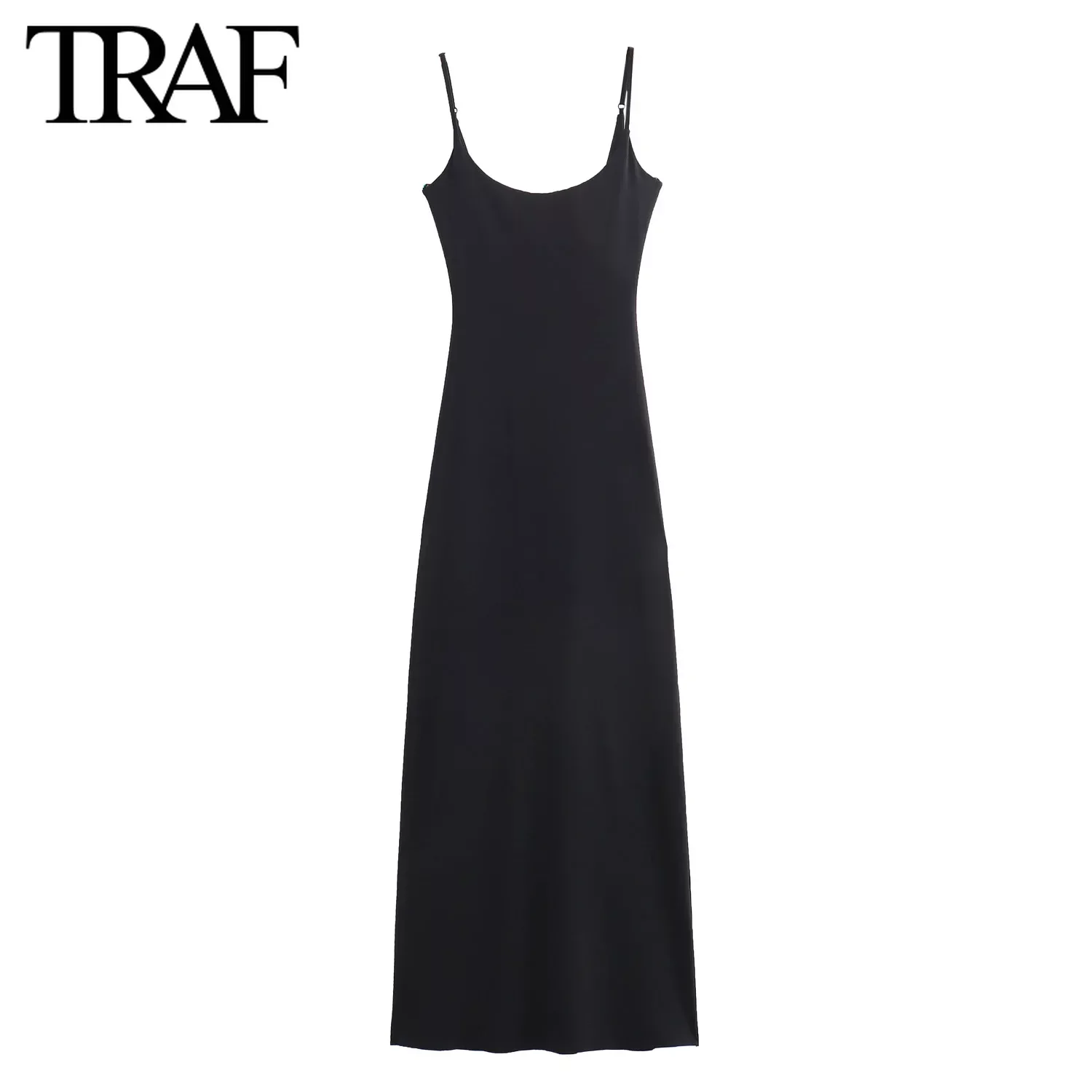 TRAF Women Fashion Summer New Sleeveless Backless O-Neck Fine Sling Long Dress Chic Female French Elegance Evening