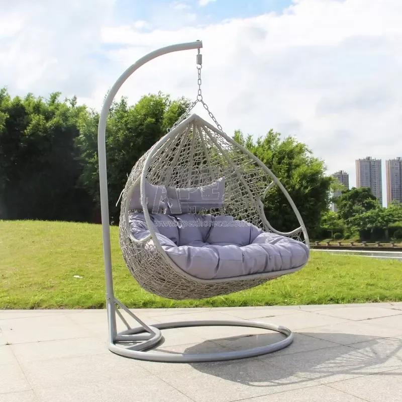 Double Seat Rattan Baby Swing Chair Outdoor Terrace Hanging Egg Pendulum Chair with Stand Affordable Garden Furniture for view 4