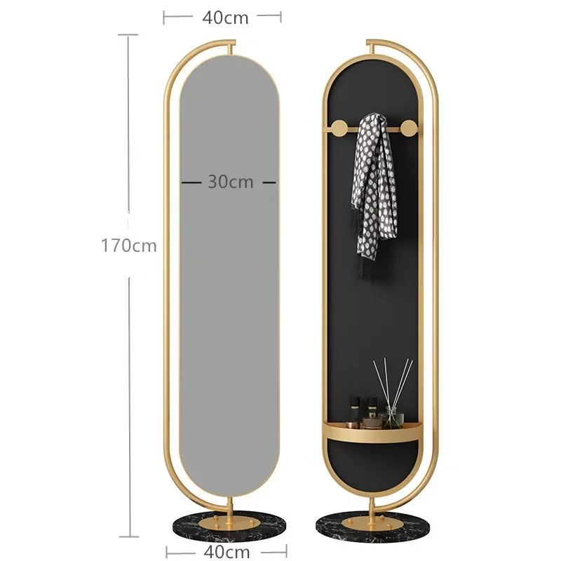 مرآة قائمة بطول كامل قابلة للدوران مع رف وخطافات مرآة أرضية دوارة لمدخل غرفة النوم وغرفة الملابس ومرآة مكياج
