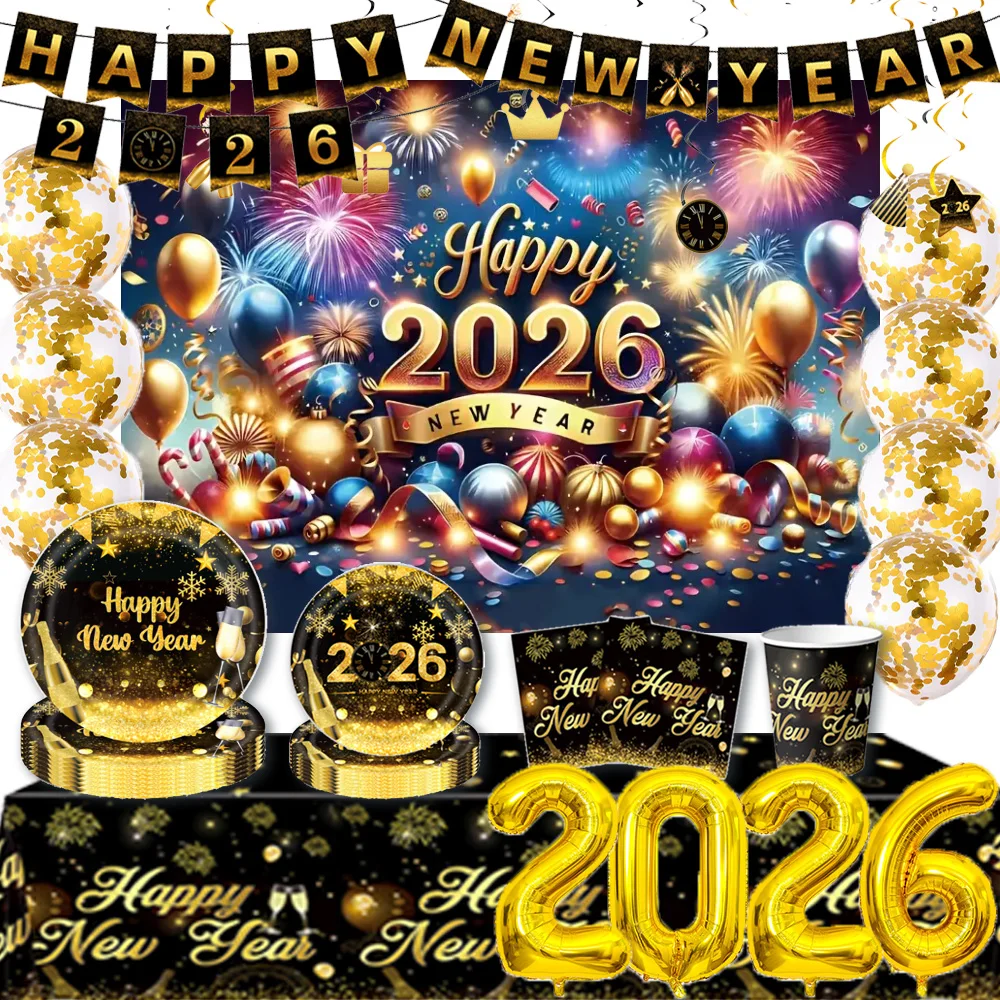 Décorations de fête à thème joyeux nouvel an 2026, vaisselle jetable dorée, ballon à paillettes, ballon numéro, fournitures de nouvel an, toile de fond