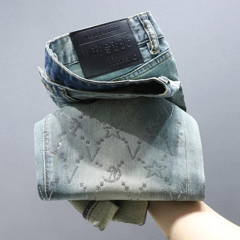 2025 Spring Summer Fashion High-end Rhinestone Print Design Light Luxury Jeans Men Slim Fit Stretch Versatile Skinny Pants