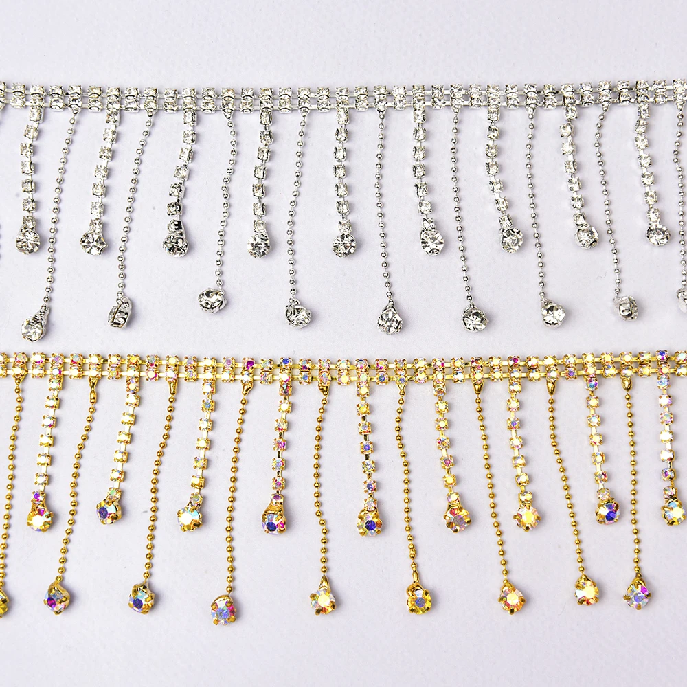 Bright Double Row Irregular Rhinestone Tassel Chain Crystal Fringe Trim Claw Trim For Wedding Dress Clothes Shoe Decoration