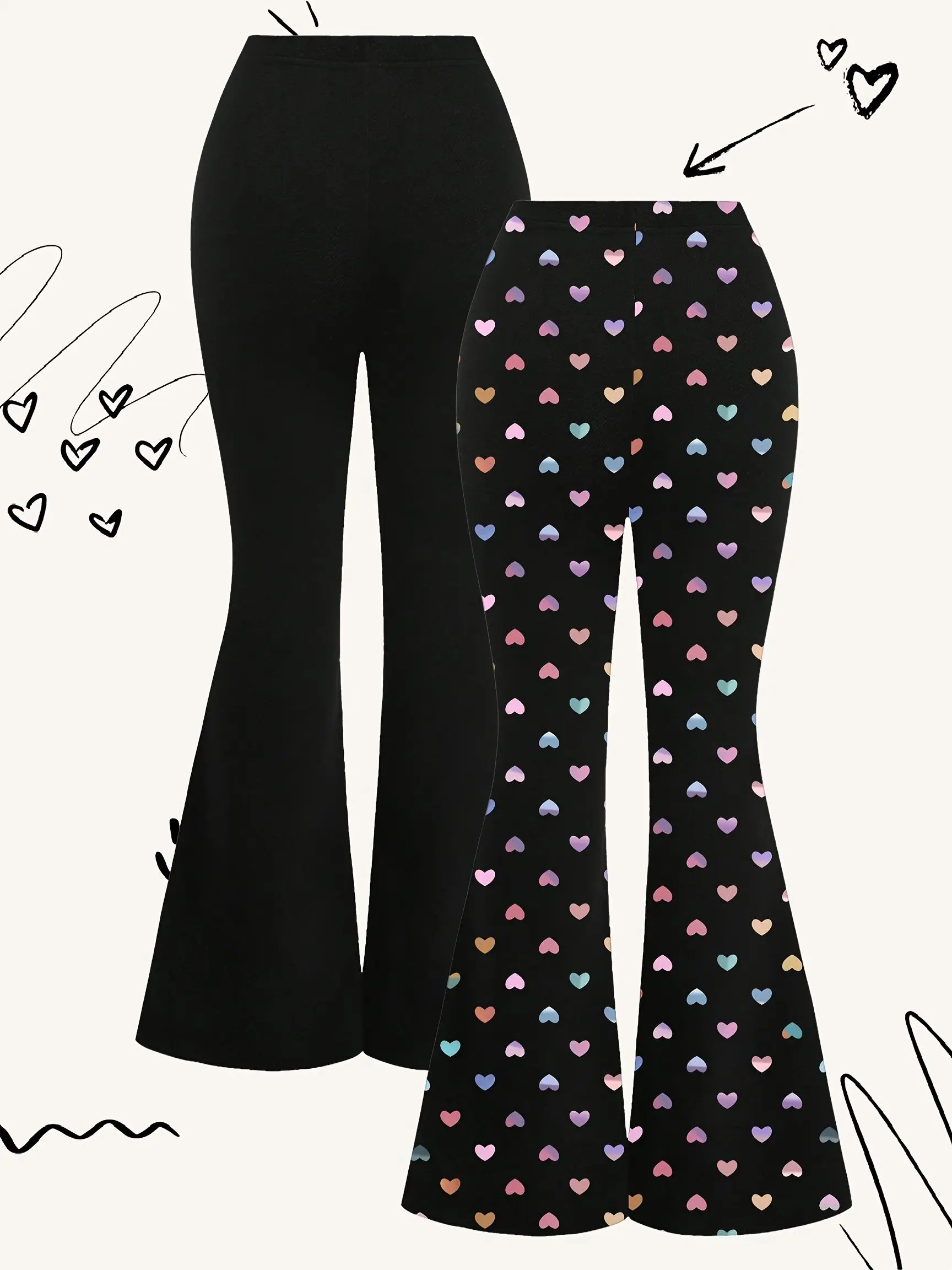Set mit 2 Paar lässigen Schlaghosen für junge Mädchen – Bunter Herz-Print (Frühling/Herbst) – Detail 2