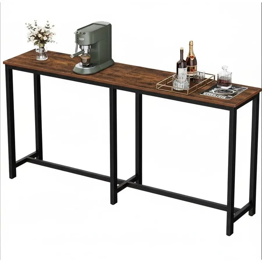

L Bar Table,Narrow Long Kitchen Dining Table, Counter Bar Height Table, High Pub Desk,Metal Frame, Rustic Brown and Black