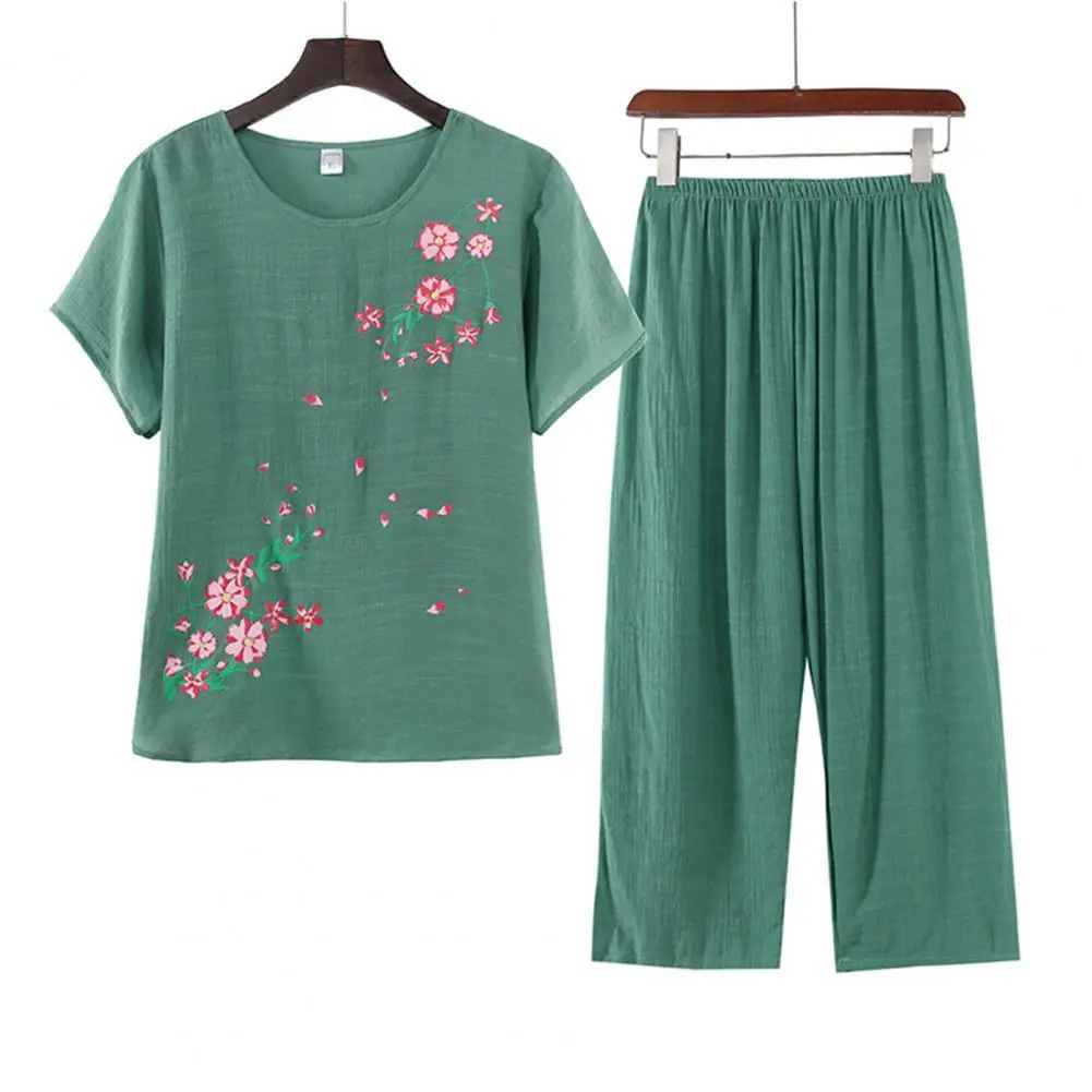 

2 Pcs/Set Elderly Ladies Pajamas Loose Type Short Sleeve Flower Print Ealstic Waist Straight Pants Mother Pajams Suit Daily Clot