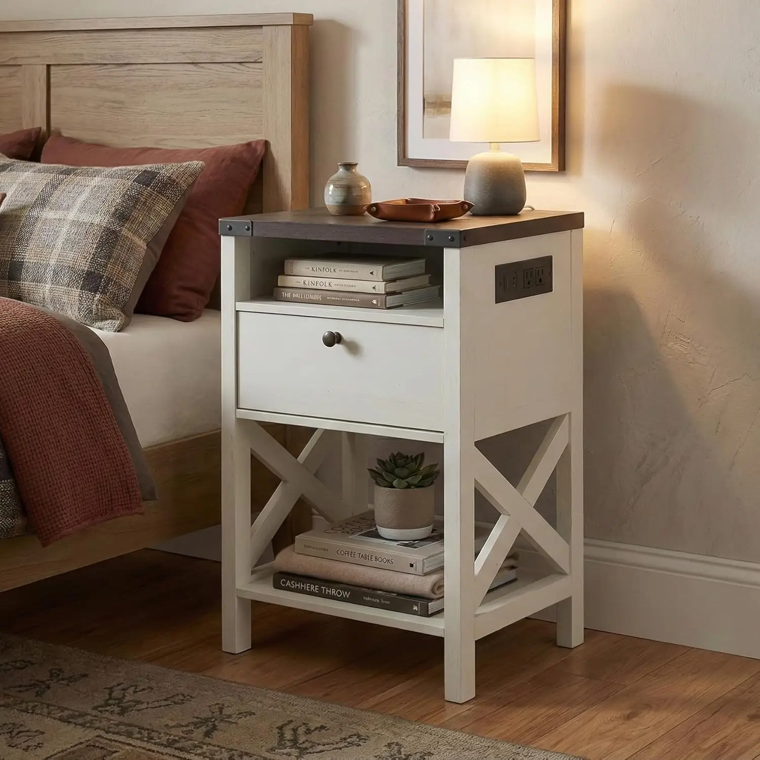 

Nightstand With Charging Station, Modern End Table With Drawer, Bedside Table With Open Storage, Vintage, Customized
