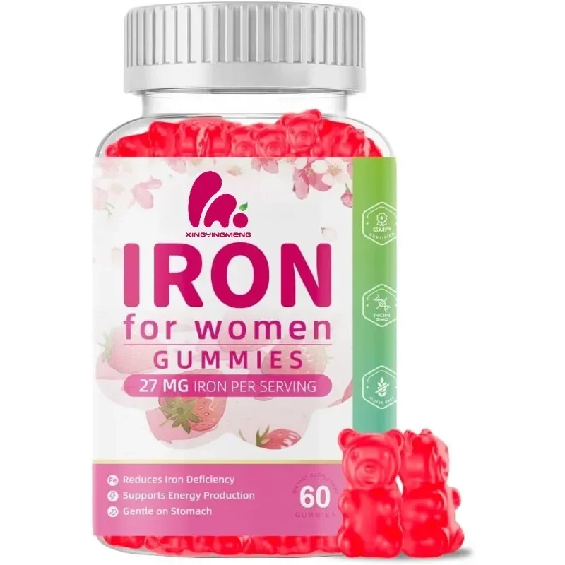 

Women's strawberry flavored iron gummies contain vitamins C, E, B, and folate - iron supplements provide energy support