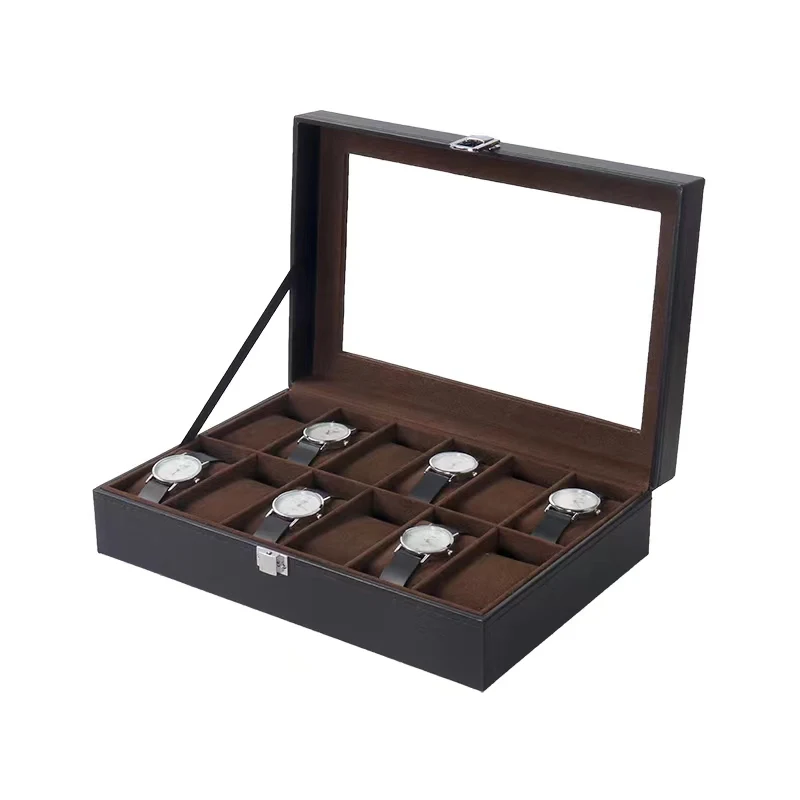 

6/10/12Grids PU Leather Watch Box Display Holder Black Storage Case Glass Jewelry Organizer for Men & Women Best Gift Box