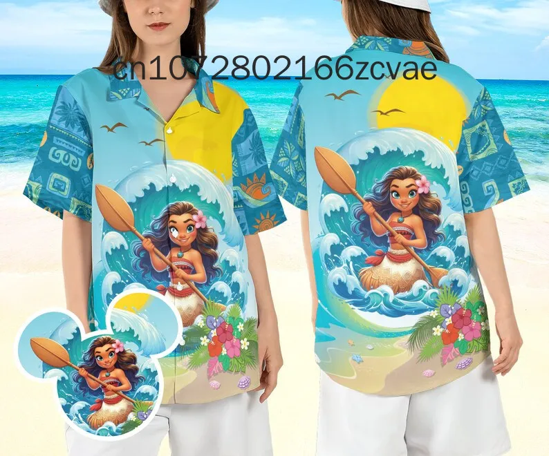 2024 Disney Moana and Maui Men and Women Hawaiian Shirt Land Trip Hawaiian Shirt Vacation Holiday Beach Short Sleeve Shirt