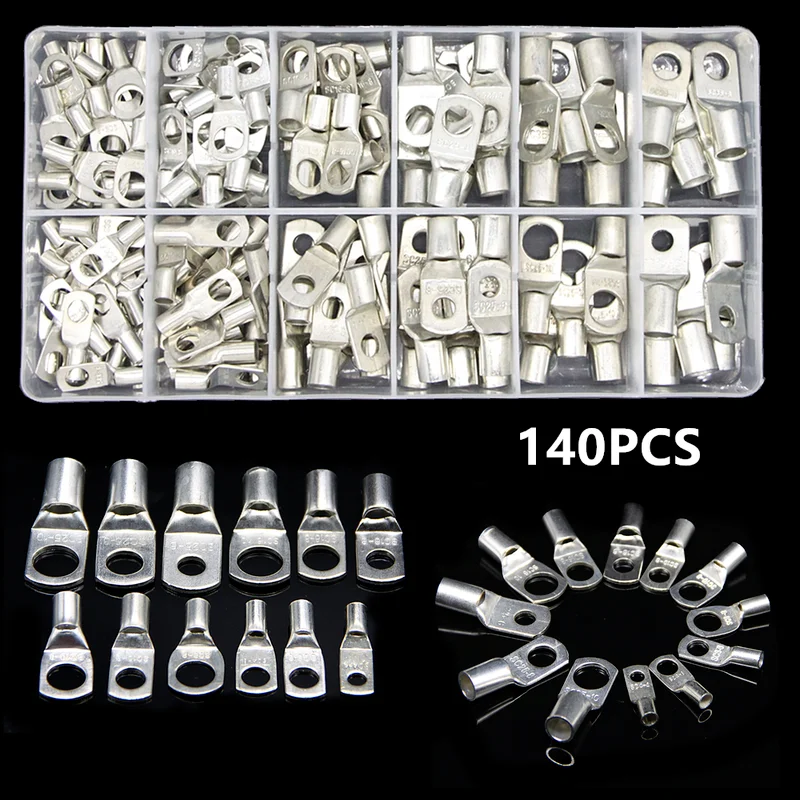 140Pcs Copper Wire Lugs Assorted SC Bare Tinned Terminals Ring Wire Connectors Bare Cable Crimped/Soldered Terminal Kit