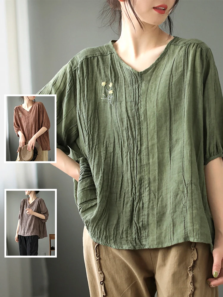 

Retro Embroidered Cotton Linen T-irt Five-Quarter Sve Slimming V-Ne Thin Top Summer Faion Women's plus Size Casual Wear