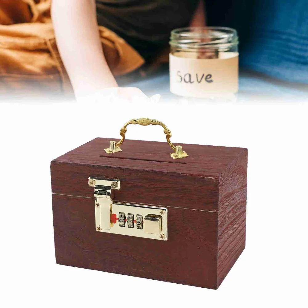 Password Lock Locking Money Storage Box Wooden Material Security Vintage Wooden Piggy Bank With Handle Small Size