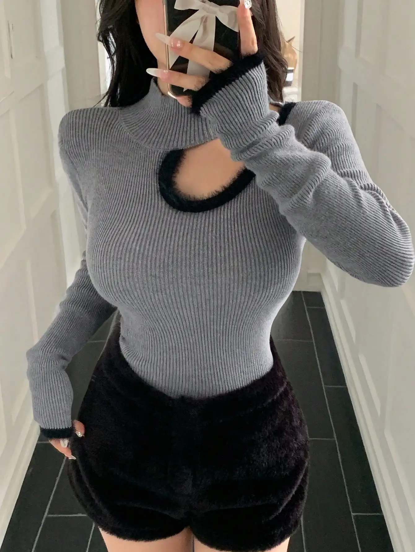 

Женский вязаный свитер с контрастной отделкой и вырезами, облегающий топ с длинными рукавами для осени