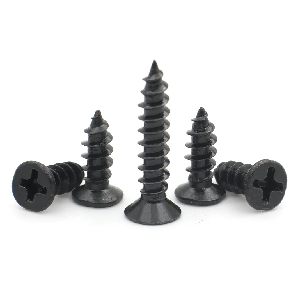 100 Stück M1 M1,2 M1,4 M1,5 M2 M2,6 M3 M3,5 M4 M5 schwarzer Kohlenstoffstahl Kreuzschlitz Senkkopf Flachkopf selbstschneidende Schraube