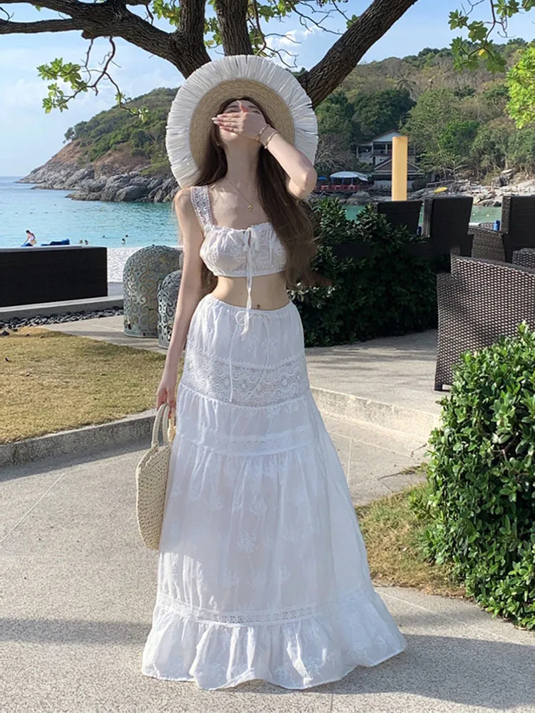 Lace Skirt Set Dress Summer Women Beach Holiday Sexy Cotton Matching Set Outfits Spring White 2 Pcs Vestidos Female Set 2024