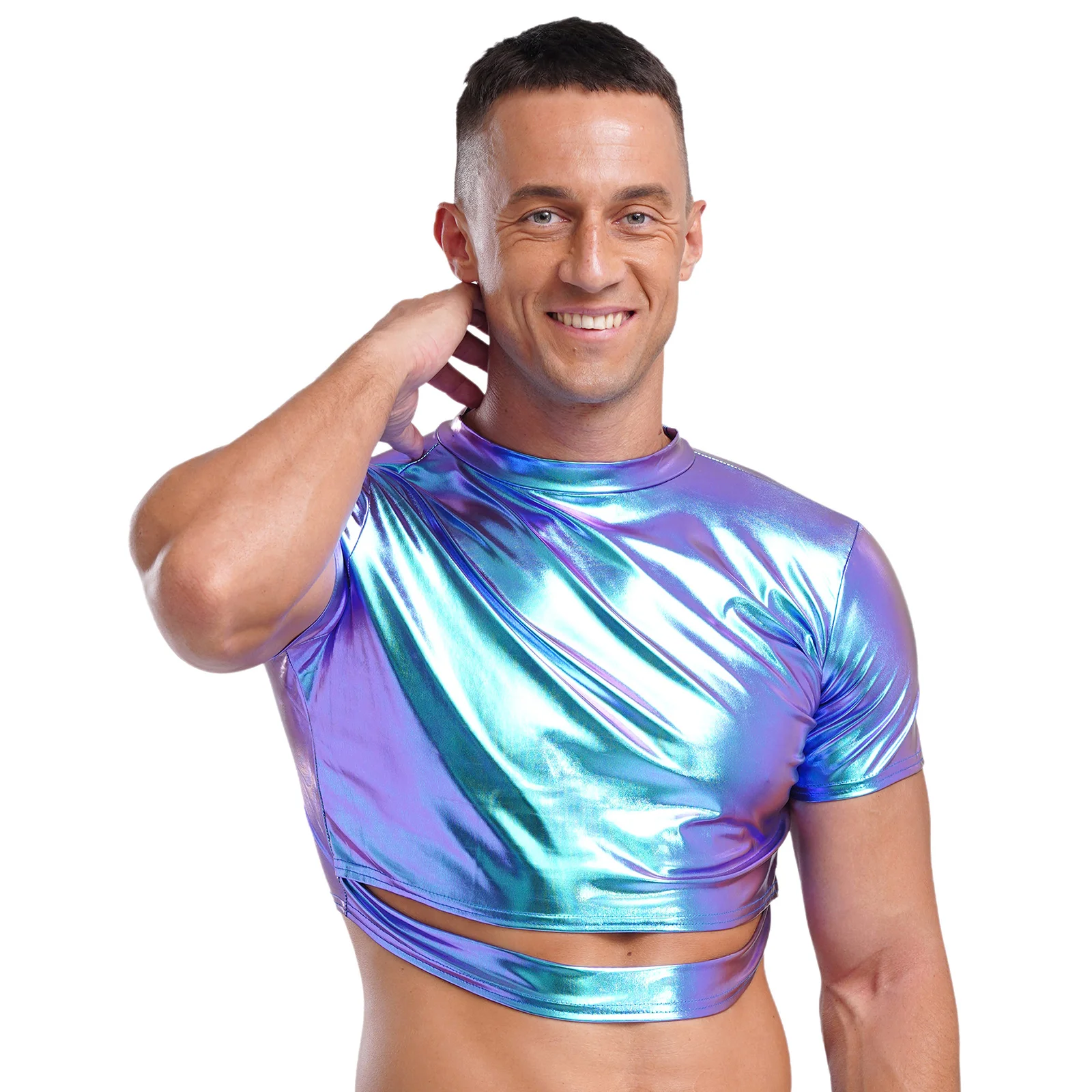 Mens Metallic Shiny Crop Top Mock Neck Short Sleeve Cut Out Bodycon Shirts Fashion Blouses for Jazz Dancing Disco Party Clubwear