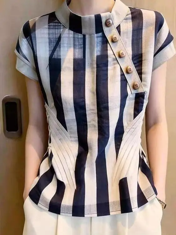 Korean Style Slimming Striped Short Sleeve Shirt Women's Summer New Design Commute Versatile Shirt Fashionable Ageless