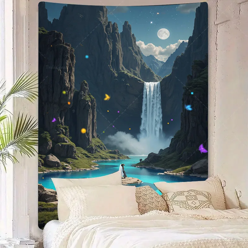قطعة واحدة من نسيج الحائط "نسيج الشلال المسحور - منظر طبيعي خيالي مع مشهد ليلي بإضاءة القمر" #5
