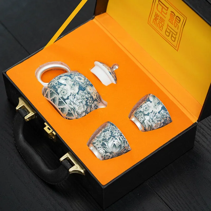 Unique Colorful Flowers Tea Accessories Teacup Silver Tea Set One Pot and Two Cups High-end Light Luxury Teapot Teacup Gift Box