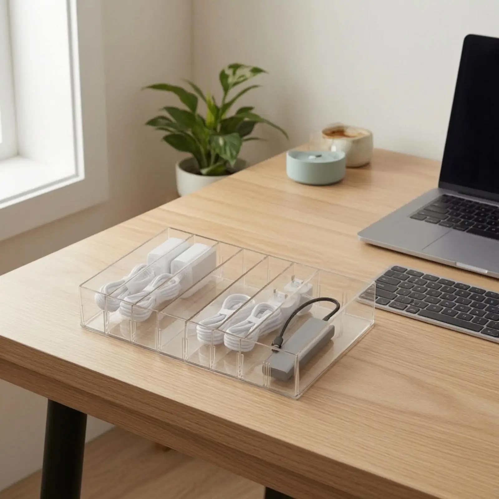 Cable Management Tray for Desk Under Desk with Adjustable Dividers for Power Adapters and Cords