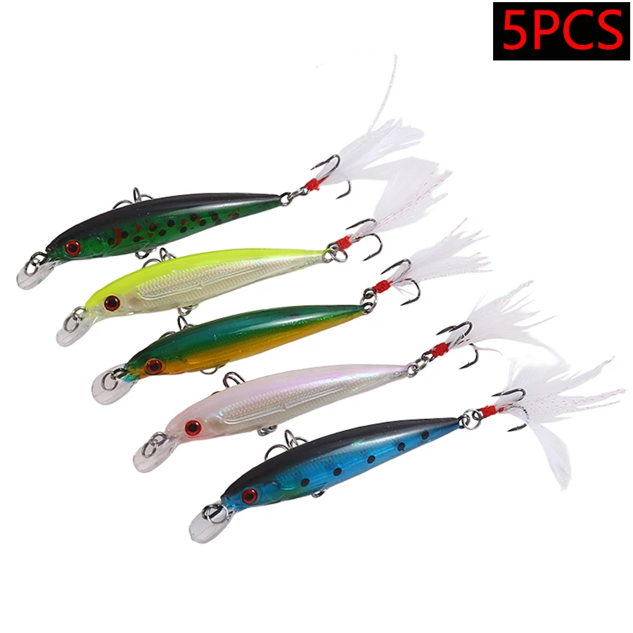 5 قطعة أسماك البلمة بطيئة الغرق مع ريشة الطعم الثابت الاصطناعي Wobblers ل بايك مخطط باس سويم كرانكبيت الصيد السحر مجموعة #1