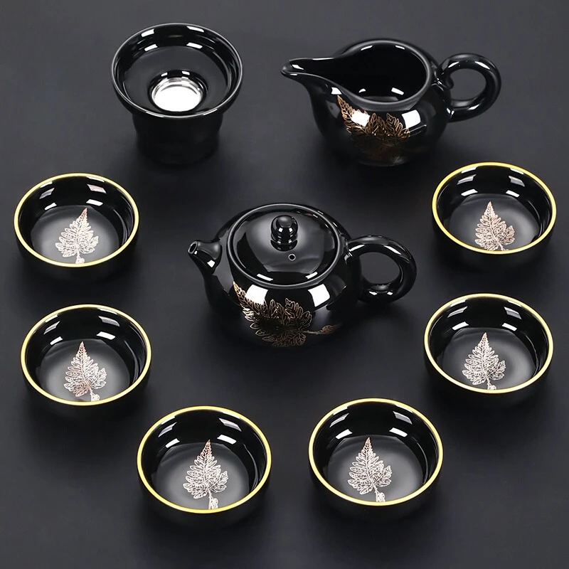 

Kung Fu Tea Set for 6 People Household Chinese Style Black Gold Glazed Ceramic Tea Set Drinking Utensils Tea Pot Gaiwan Teacup