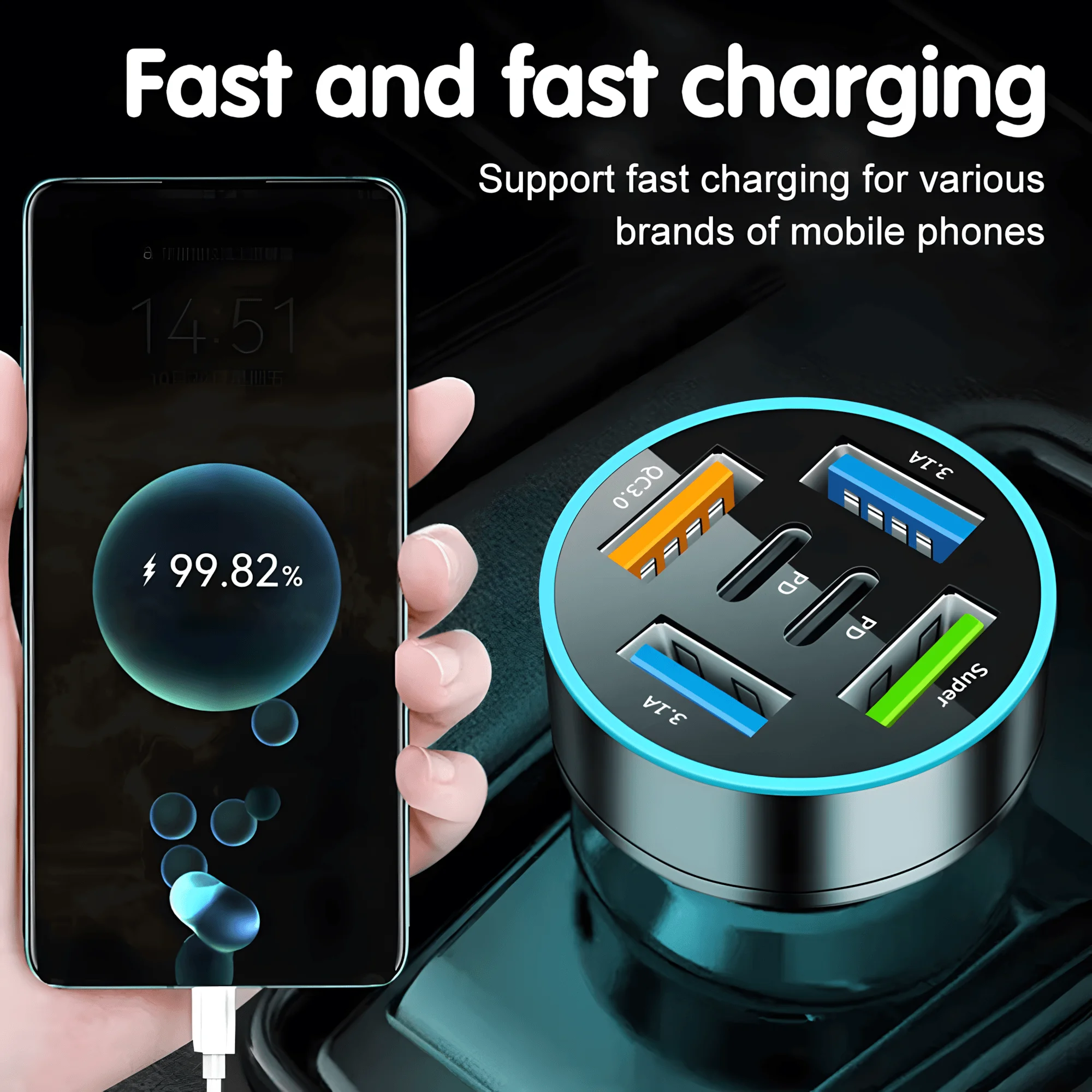 50W 6-Port PD QC3.0 Fast Charging USB C Car Charger with Voltage Display for iPhone Samsung Huawei Xiaomi