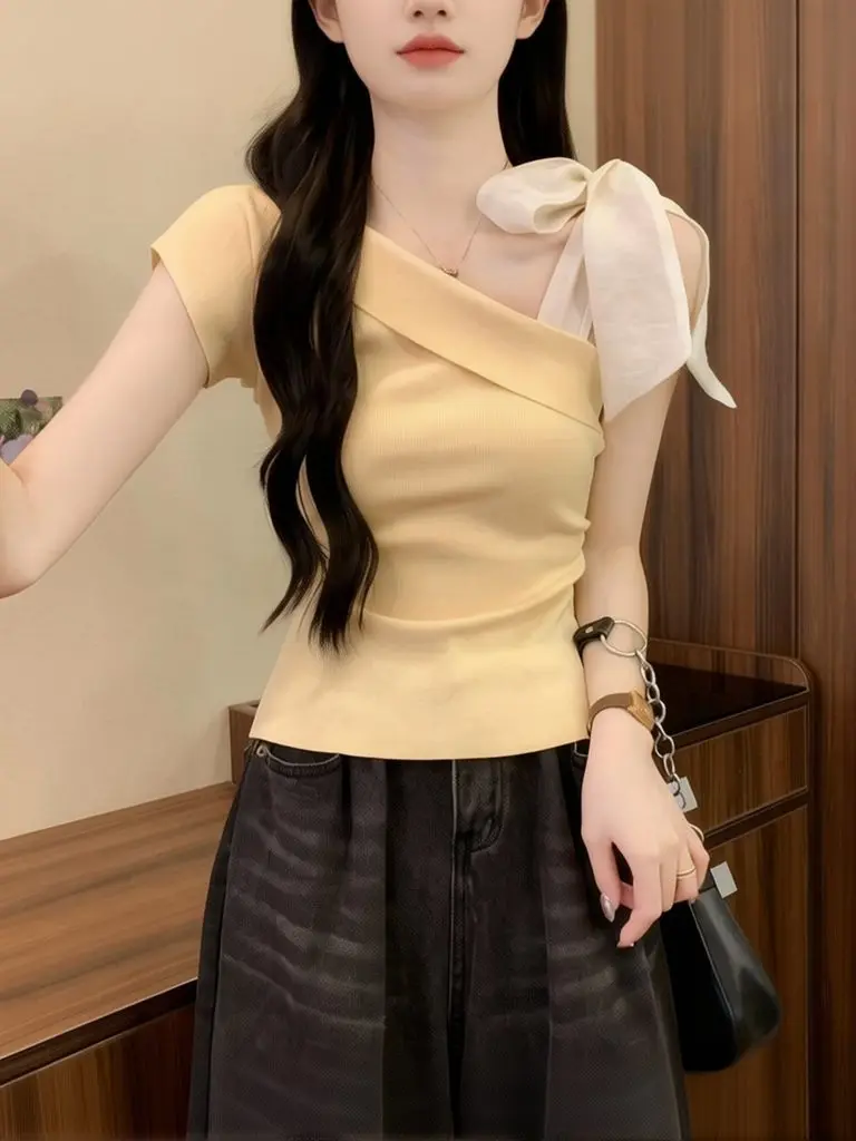 Bow Tied Elegant Knitted One Shoulder T-Shirt Women ,Slim Fitted Short Sleeve Off shoulder Top Women's Summer Fashion Party Wear