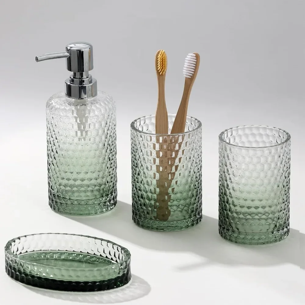 

Bathroom Accessories Set, 4Pcs Clear Glass Bathroom Set, Hand Soap Dispenser, Toothbrush Holders, Tumbler, Bar Soap Dish for