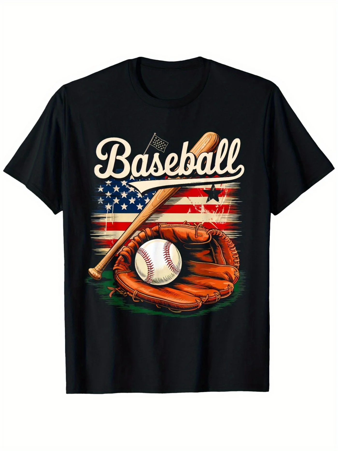 1pc Kids' Baseball Glove Print Black T-Shirt, Crew Neck, Casual Tee, Medium Stretch Knit Fabric, Regular Fit for Boys And Girls Children, Alphabet Pattern, for Spring/Summer/Fall for Labor Day, Independence Day, Thanksgiving