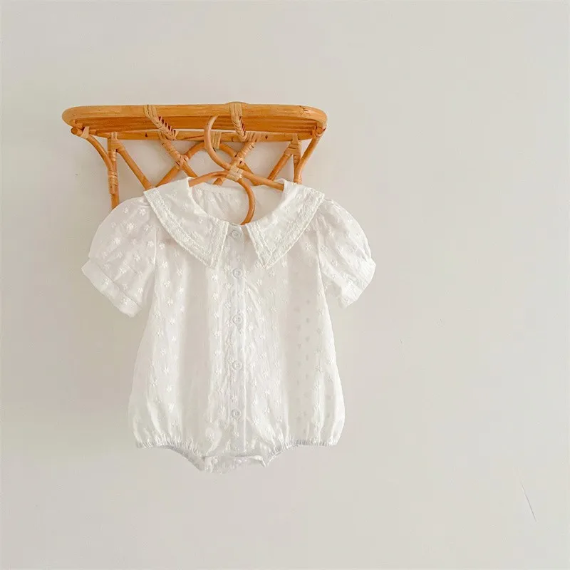 2024 New Spring Summer Baby Short Sleeve Romper Girls Small Embroidery Cotton Bodysuit Kids Beige Light Apricot Jumpsuit 0-3T