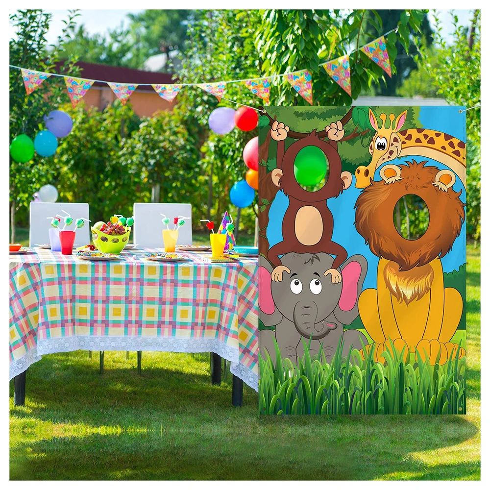 Jungle Safari Wild One Animals Backdrop Funny Face in Hole Bean Bag Toss Game for Kids Boy Girl 1st First Birthday Party Banner