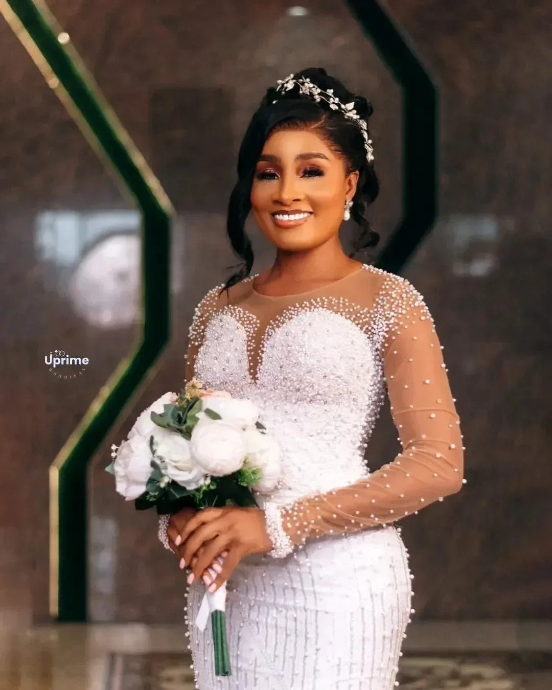 Customized O-Neck Sparkly Pearls Beads Wedding Dress with Detachable Ruffles Train Open Back Corset Long Sleeves Bridal Gown