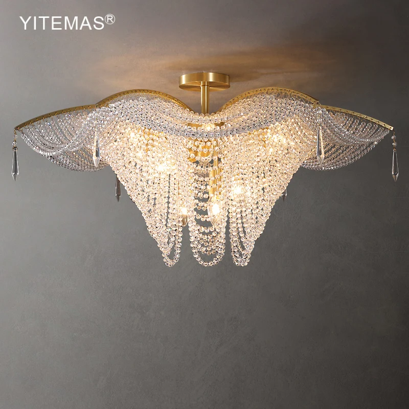 Modern Crystal Ceiling Chandelier Gold Flush Mount Light Crystal Beads Tassel Ceiling Lamp Fringe Design For Living Room Bedroom