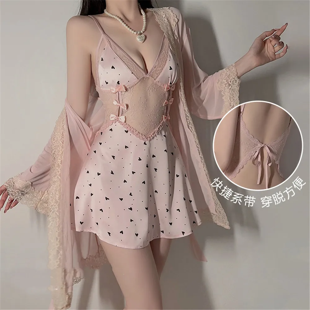 

Female 2PCS Print Robe Nightgown Set Pajama Sexy Suspender Nightdress Lingerie Summer Kimono Bathrobe Gown Homewear Lounge Wear
