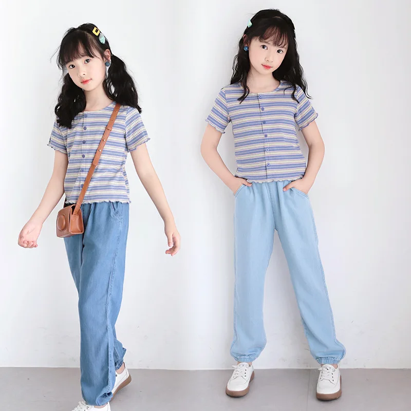 Korea Summer School Girl 2PCS Clothes Set Elementary Girl Striped Single-breasted T-shirt+Denim Sport Pants Set For Girl 4-12Yrs