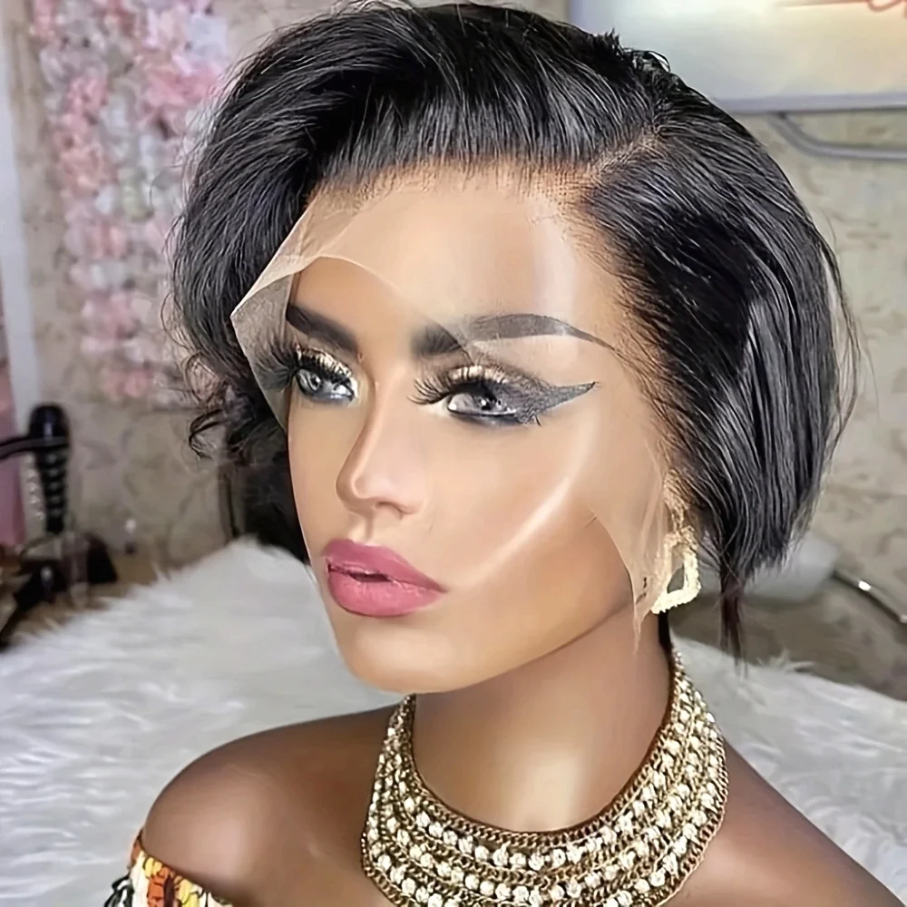 باروكة بيكسي بدانتيل أمامي 13X4 لون أسود وبني للنساء للاستخدام اليومي للحفلات شعر مستعار بقص عابث شعر مستعار قصير مفرود من شعر طبيعي #5