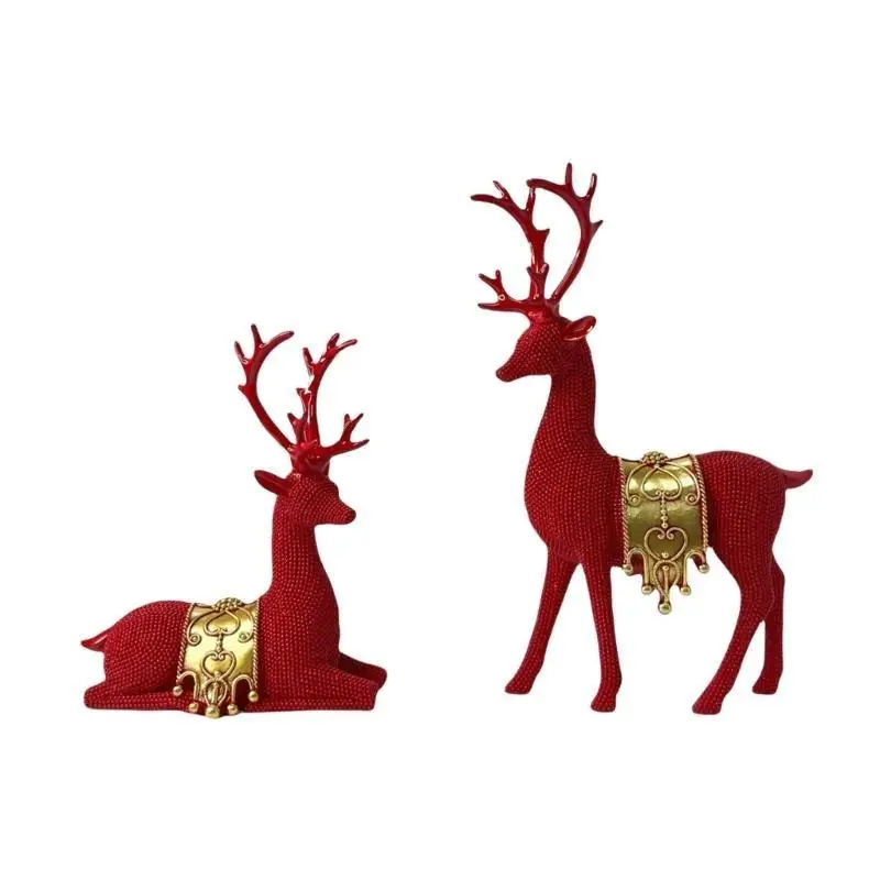 E8BD 2Pieces Shimmering Reindeer Figurines Resins Elk Deer Standing Sitting Animal Sculpture Ornaments for Christmas Decors