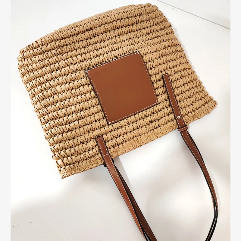 Straw Handbag Basket Female Fashion Trendy Simple Bucket Beach Bag Hand-woven Straw Woven Bag Travel Picnic Woven Basket