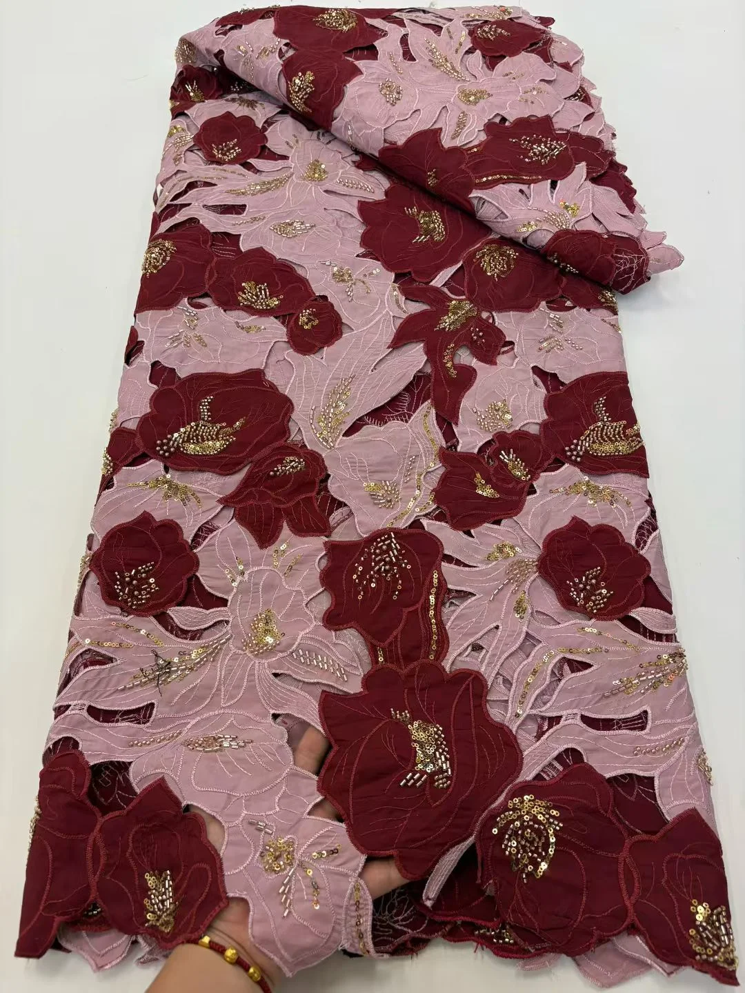 

African Heavy Beaded Lace Fabric 2025 High-Quality Sequins French Chiffon For Nigerian Woman Wedding Style Material Sewing