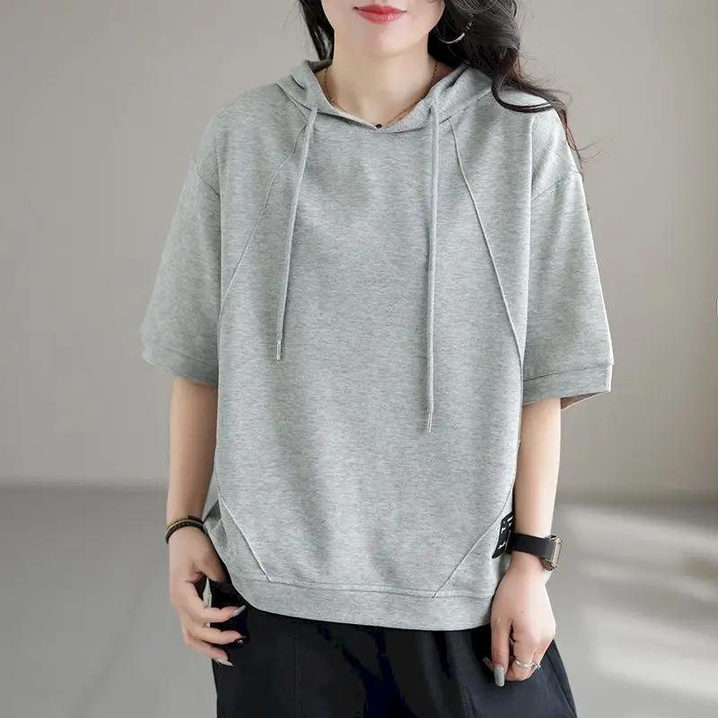 Oversized T Shirt Women Summer Hooded Half Sleeve T-shirt Korean Style Loose Tops 98% Cotton Fashion Design Solid Tshirt Y2k Top