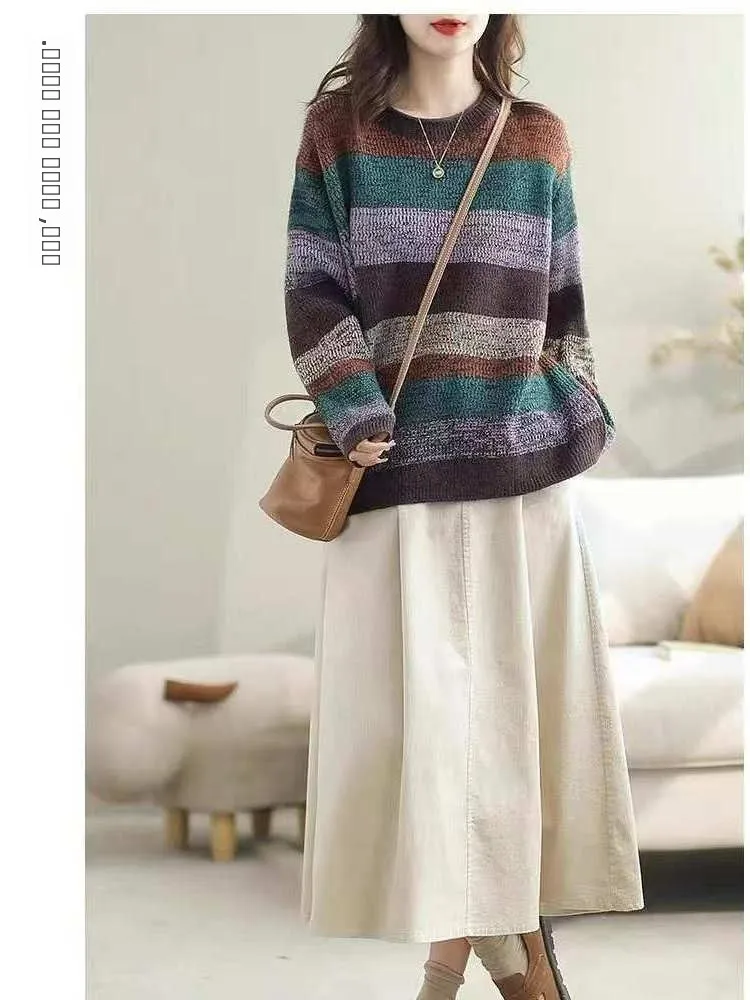 Artistique Vintage rayé tricots pull polyvalent intérieur couche de Base vêtements d'extérieur hiver Faion femmes coupe ample longue Sve