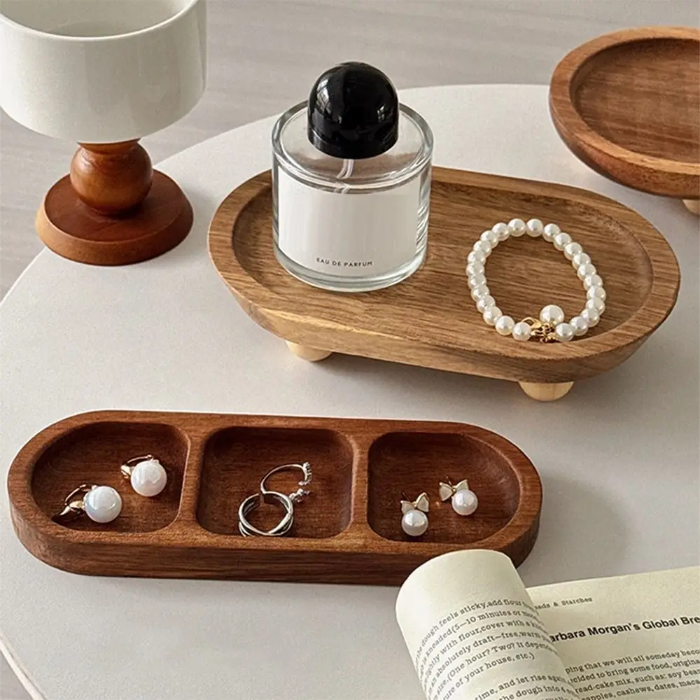 صواني عرض المجوهرات البنية الخشبية المستديرة البيضاوية لوحة عرض سطح المكتب زخرفة العطور المنظم الخشب الركيزة حامل الطاولة